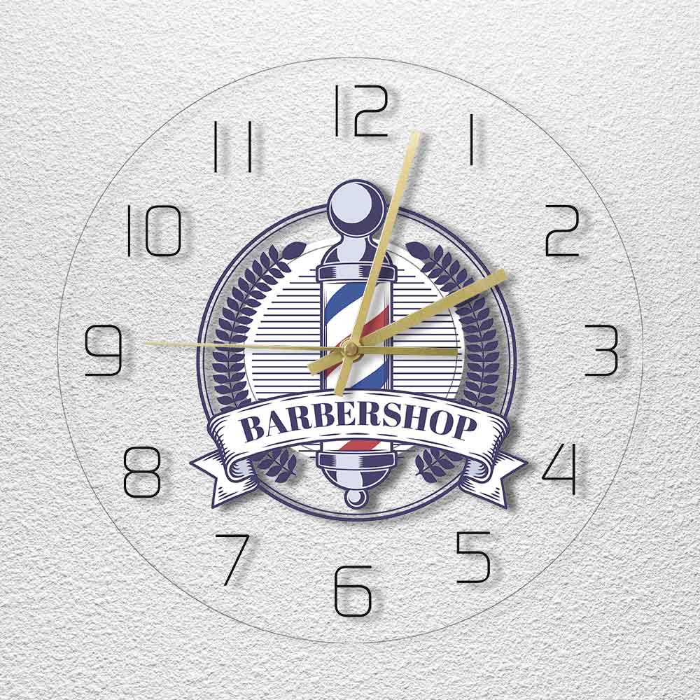 Barbershop Retro Badge Print Wall Clock Barber Shop Logo Modern Acrylic Wall Clock Male Hair Salon Barber Pole Wall Sign Clock