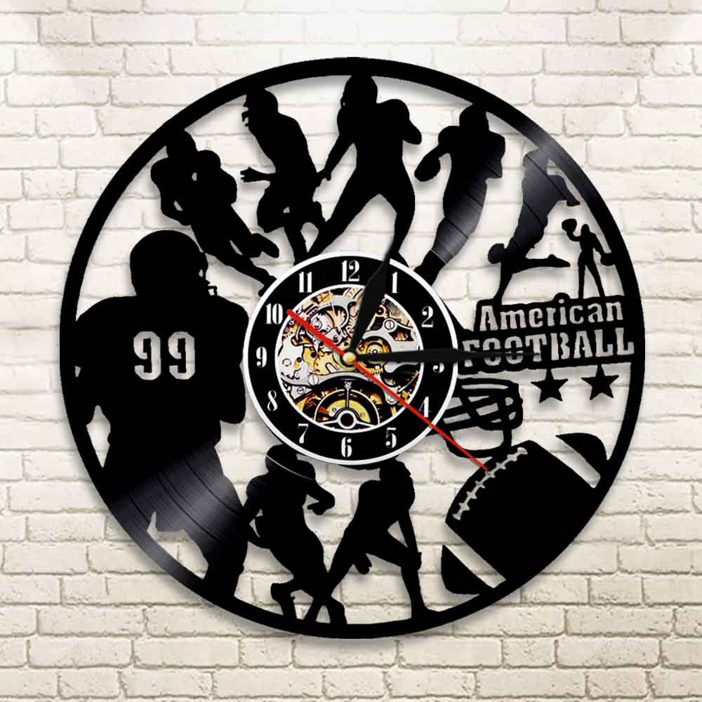 American Football Modern Design Wall Clock Rugby Football Player Silhouette Vinyl Record Wall Clock Sports Lover