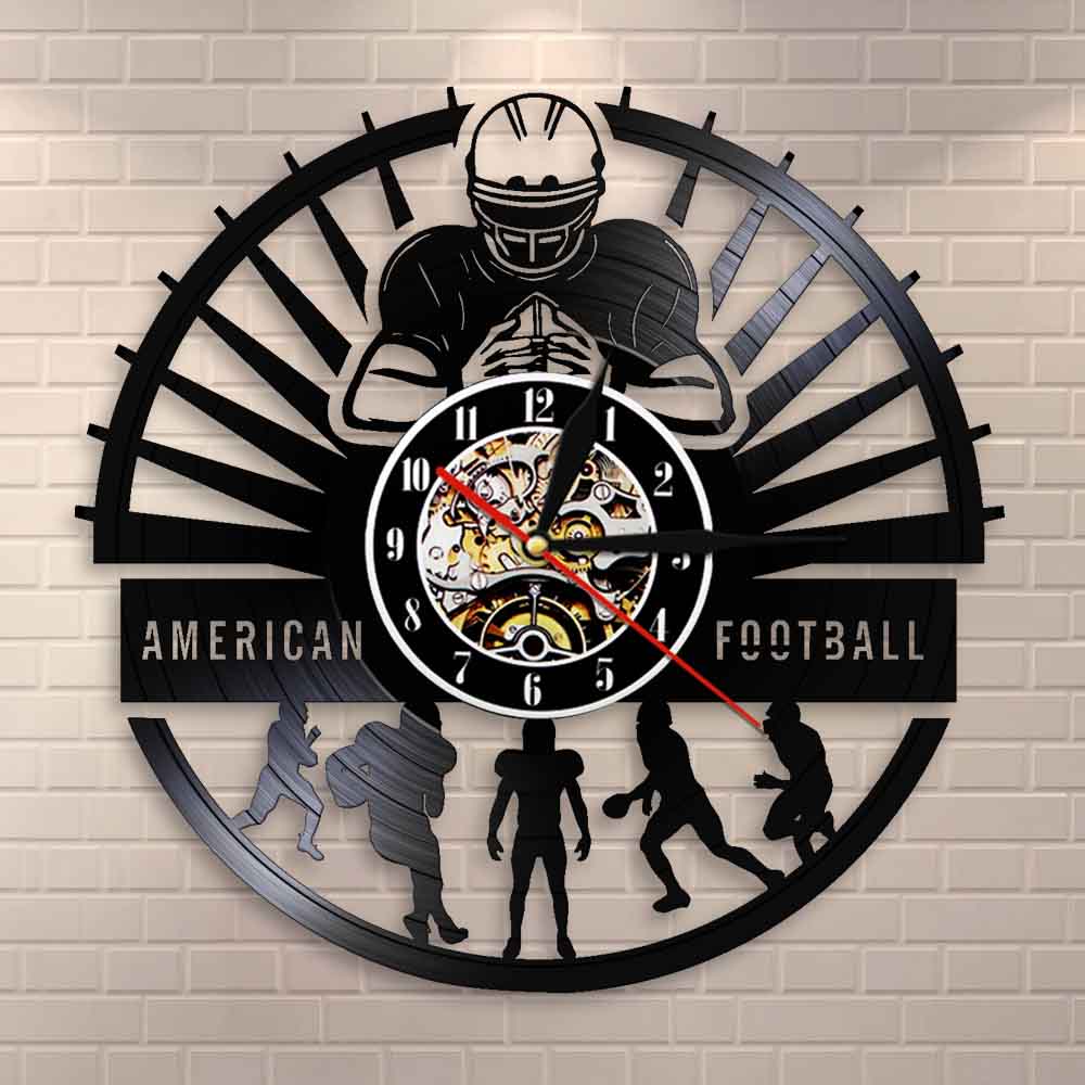 American Football Players Wall Clock Sports Locker Room Modern Design Rugby Vinyl Record Wall Clock Football Fan