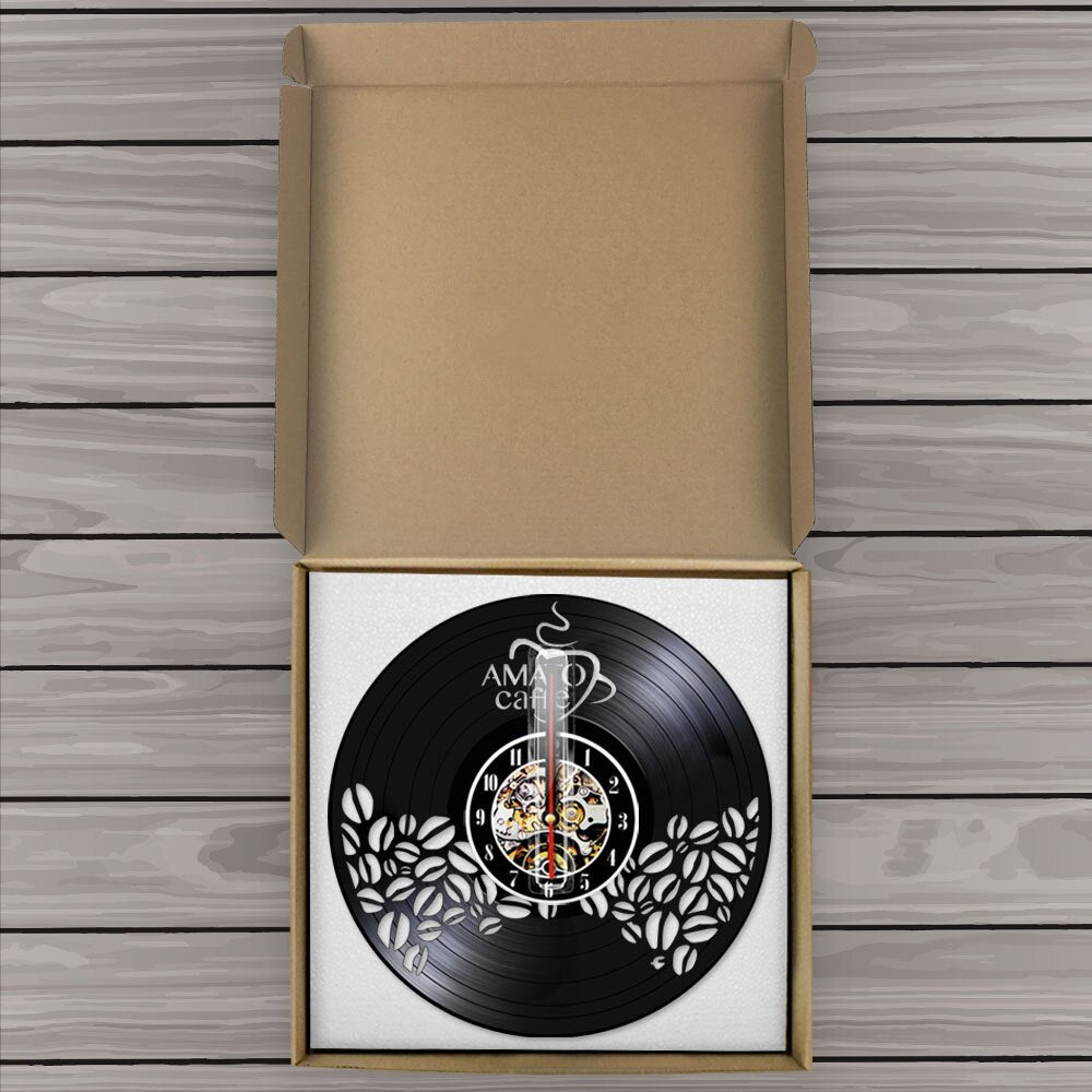 Amato Caffe Vinyl Record Clock Coffee Beans Design Hanging Silent Watch Coffee Lover Gift Coffee Bar Shop Wall Sign