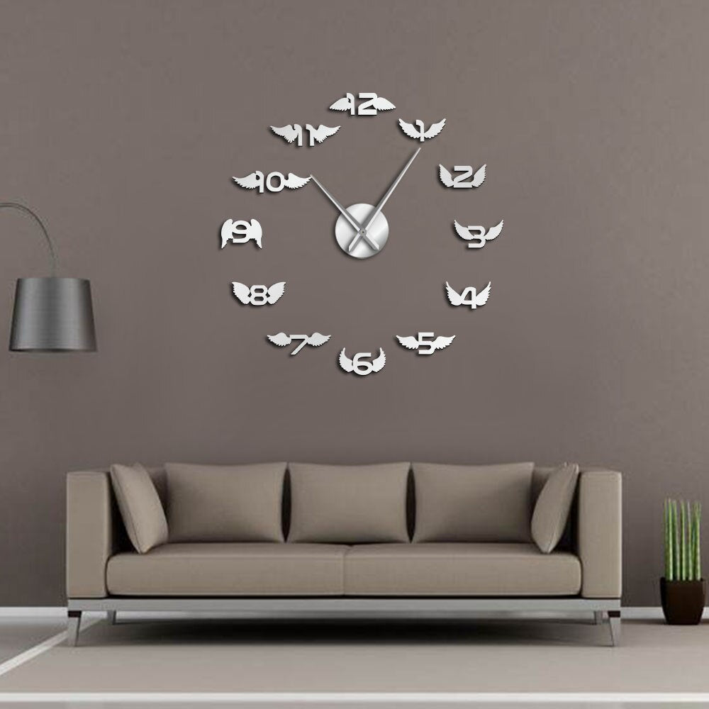 Angel Wings With Number Modern DIY Large Wall Clock Bird Wings Nursery Kid Room Minimalist Big Frameless