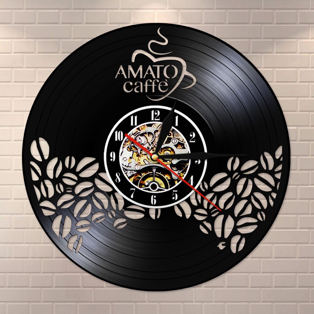 Amato Caffe Vinyl Record Clock Coffee Beans Design Hanging Silent Watch Coffee Lover Gift Coffee Bar Shop Wall Sign