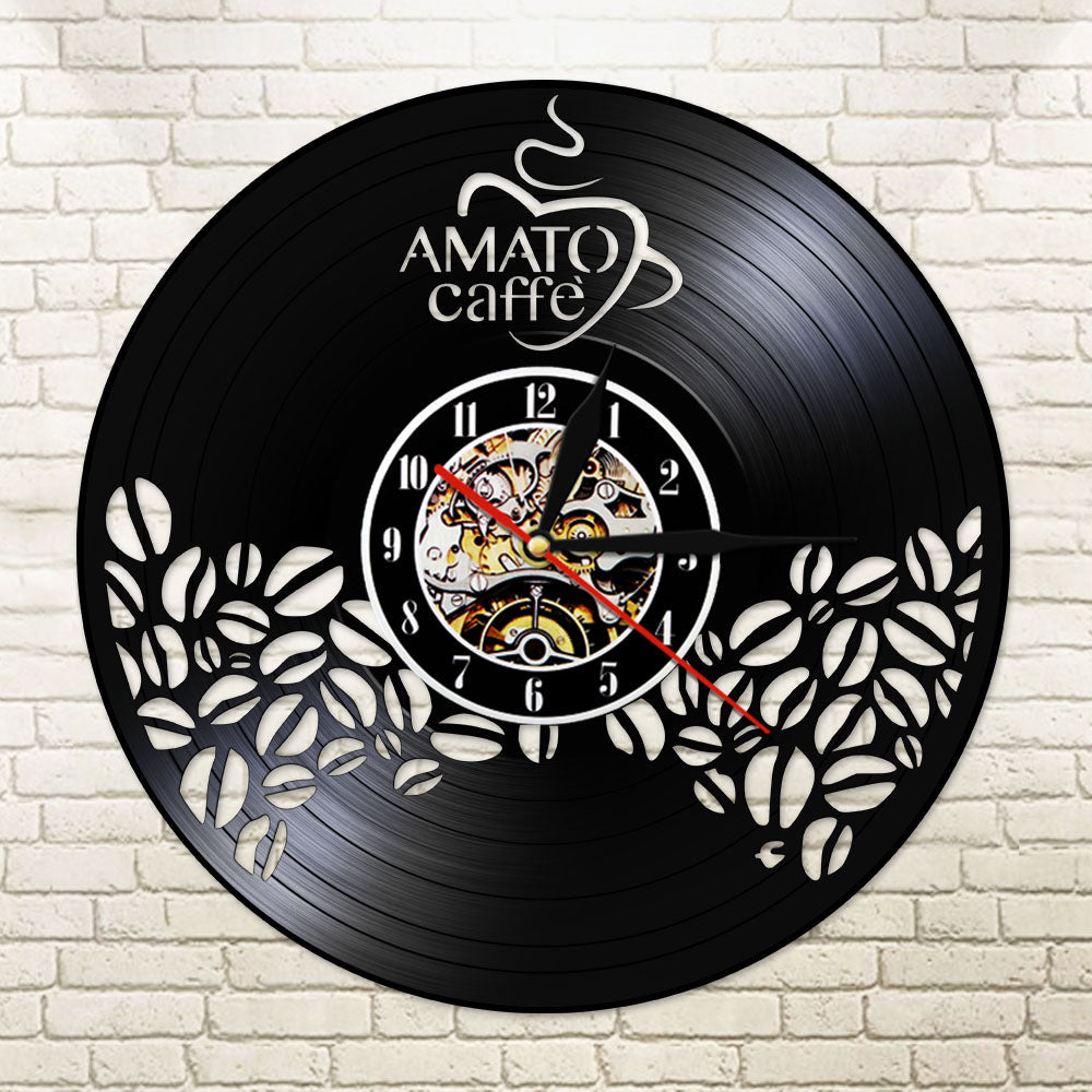 Amato Caffe Vinyl Record Clock Coffee Beans Design Hanging Silent Watch Coffee Lover Gift Coffee Bar Shop Wall Sign