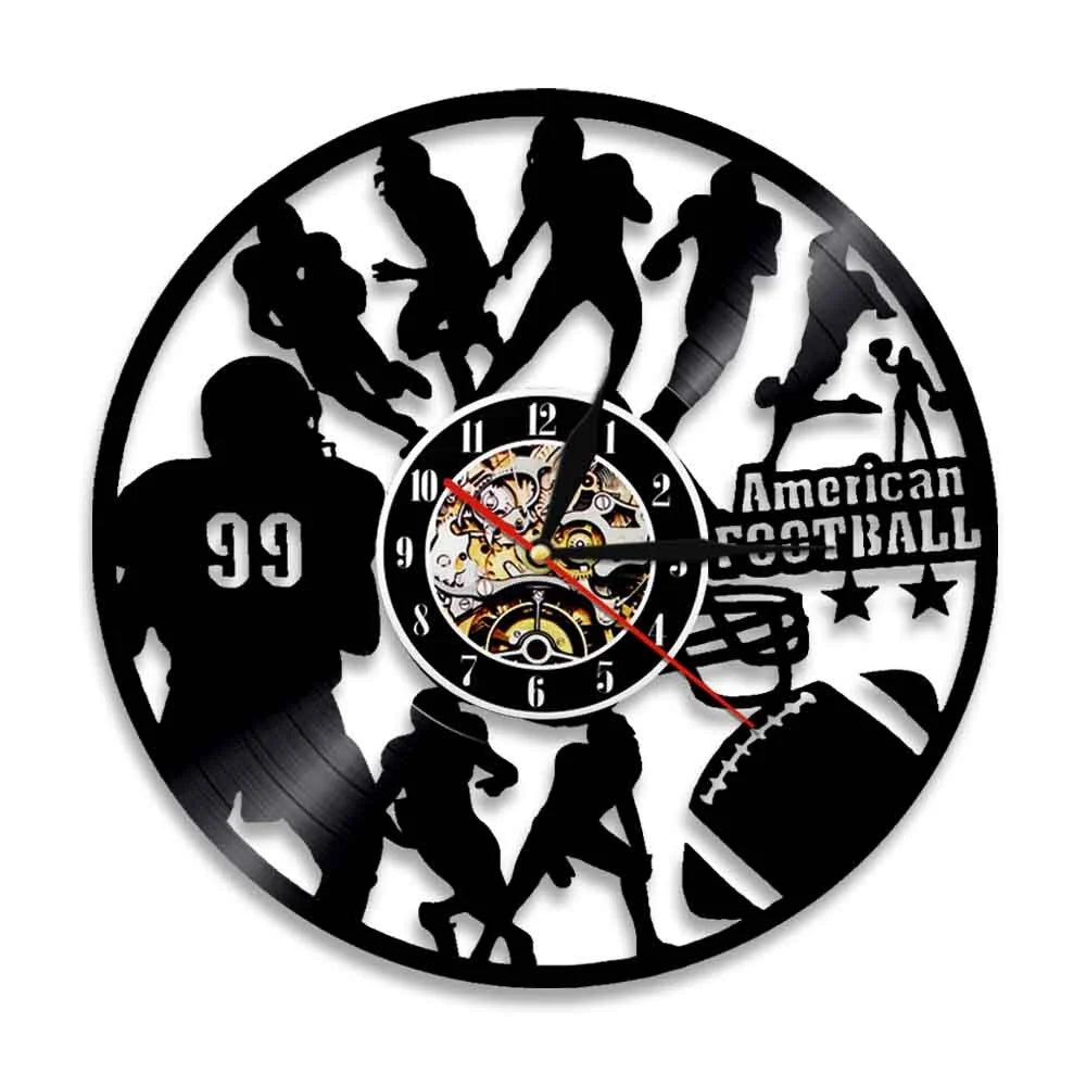 American Football Modern Design Wall Clock Rugby Football Player Silhouette Vinyl Record Wall Clock Sports Lover