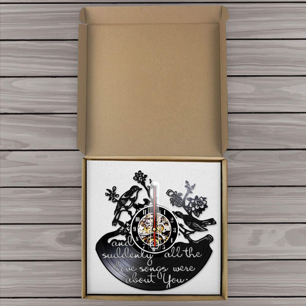 And Suddenly All The Love Songs Were All About You Inspirational Quote Vinyl Record Wall Clock Valentine Birds Retro