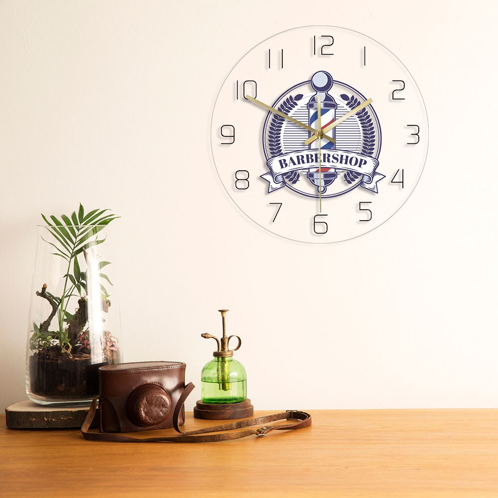 Barbershop Retro Badge Print Wall Clock Barber Shop Logo Modern Acrylic Wall Clock Male Hair Salon Barber Pole Wall Sign Clock
