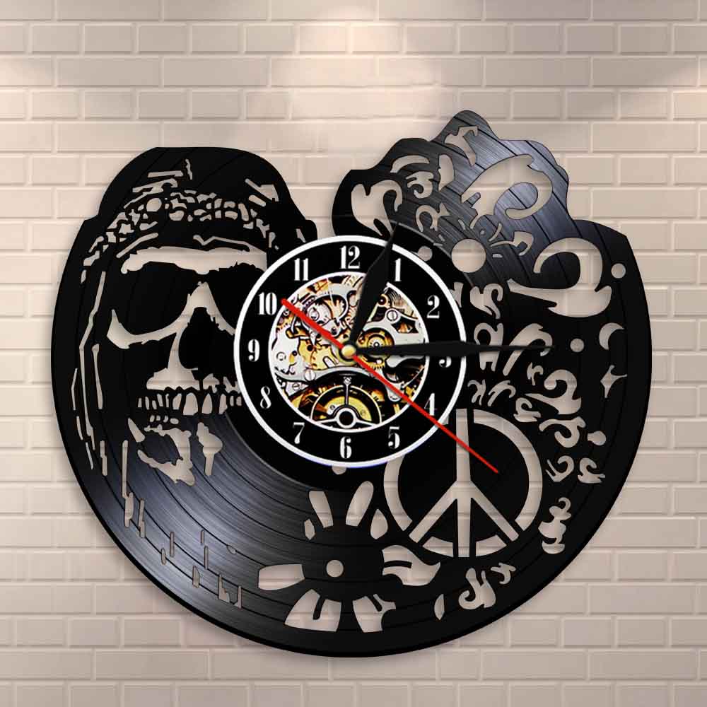 American Hipper Skull With Followers Wall Art Wall Clock Gothic Skull Vinyl Record Wall Clock Halloween Living Room