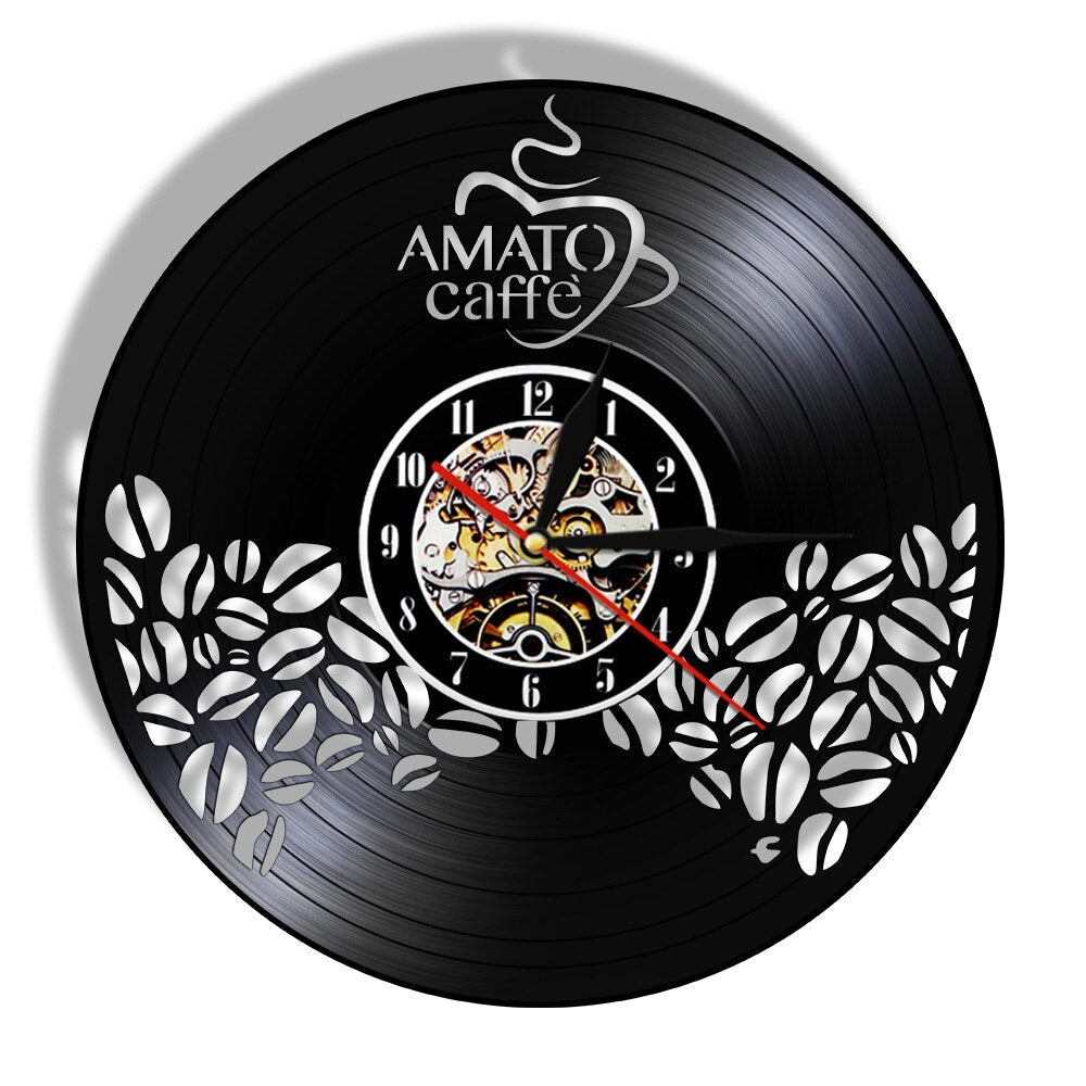 Amato Caffe Vinyl Record Clock Coffee Beans Design Hanging Silent Watch Coffee Lover Gift Coffee Bar Shop Wall Sign