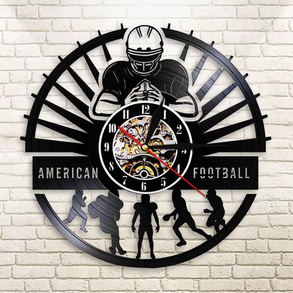 American Football Players Wall Clock Sports Locker Room Modern Design Rugby Vinyl Record Wall Clock Football Fan