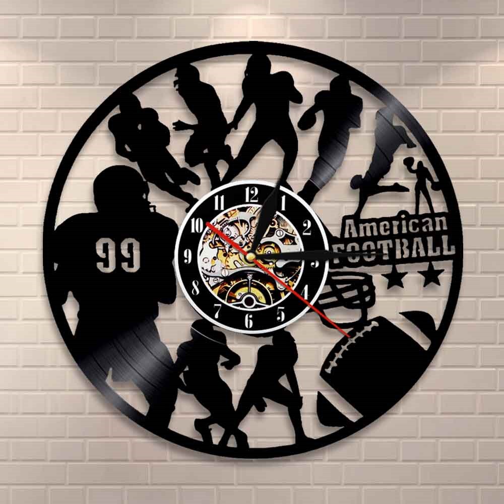 American Football Modern Design Wall Clock Rugby Football Player Silhouette Vinyl Record Wall Clock Sports Lover