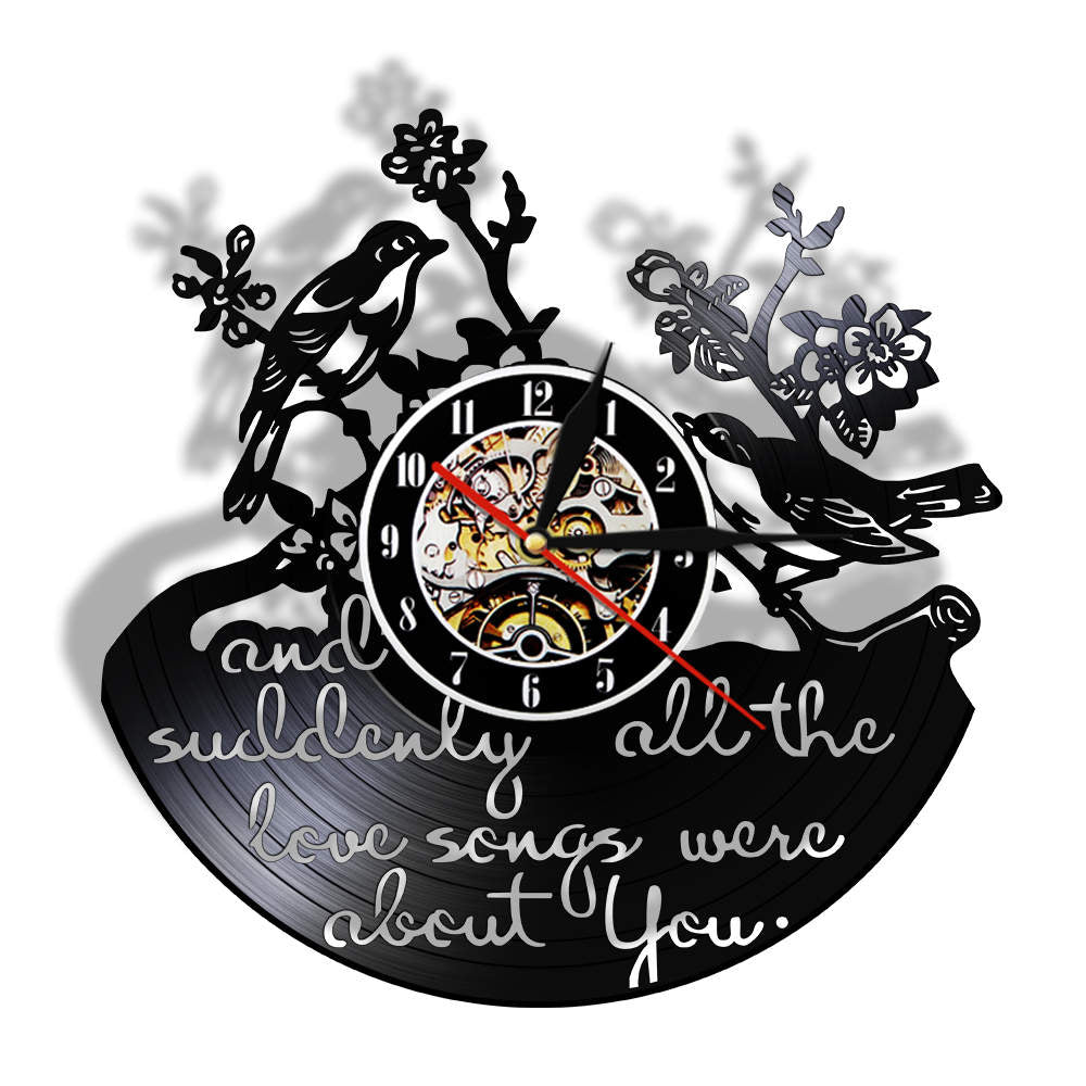 And Suddenly All The Love Songs Were All About You Inspirational Quote Vinyl Record Wall Clock Valentine Birds Retro