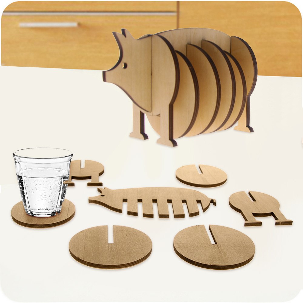 7Pieces/Set Creative Wooden Pin Coaster Pig Model Coffee Tea Milk Cup Mats Unique Table Decor Kitchen Placemat