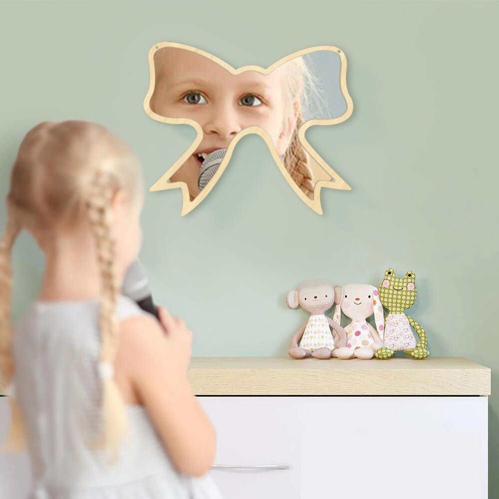 Butterfly Tie Wall Mirror With Wooden Back Nursery Hanging Wall Mirror For Living Room Unique For Kids
