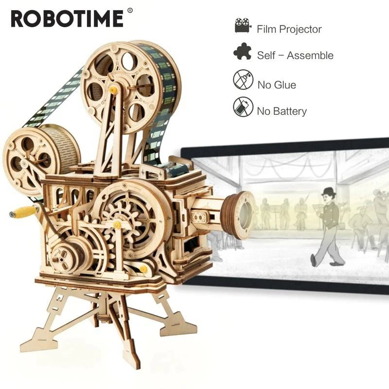 183pcs Vintage Diy 3D Hand Crank Film Projector Wooden Puzzle Game Assembly Vitascope Toy Gift for Children Adult