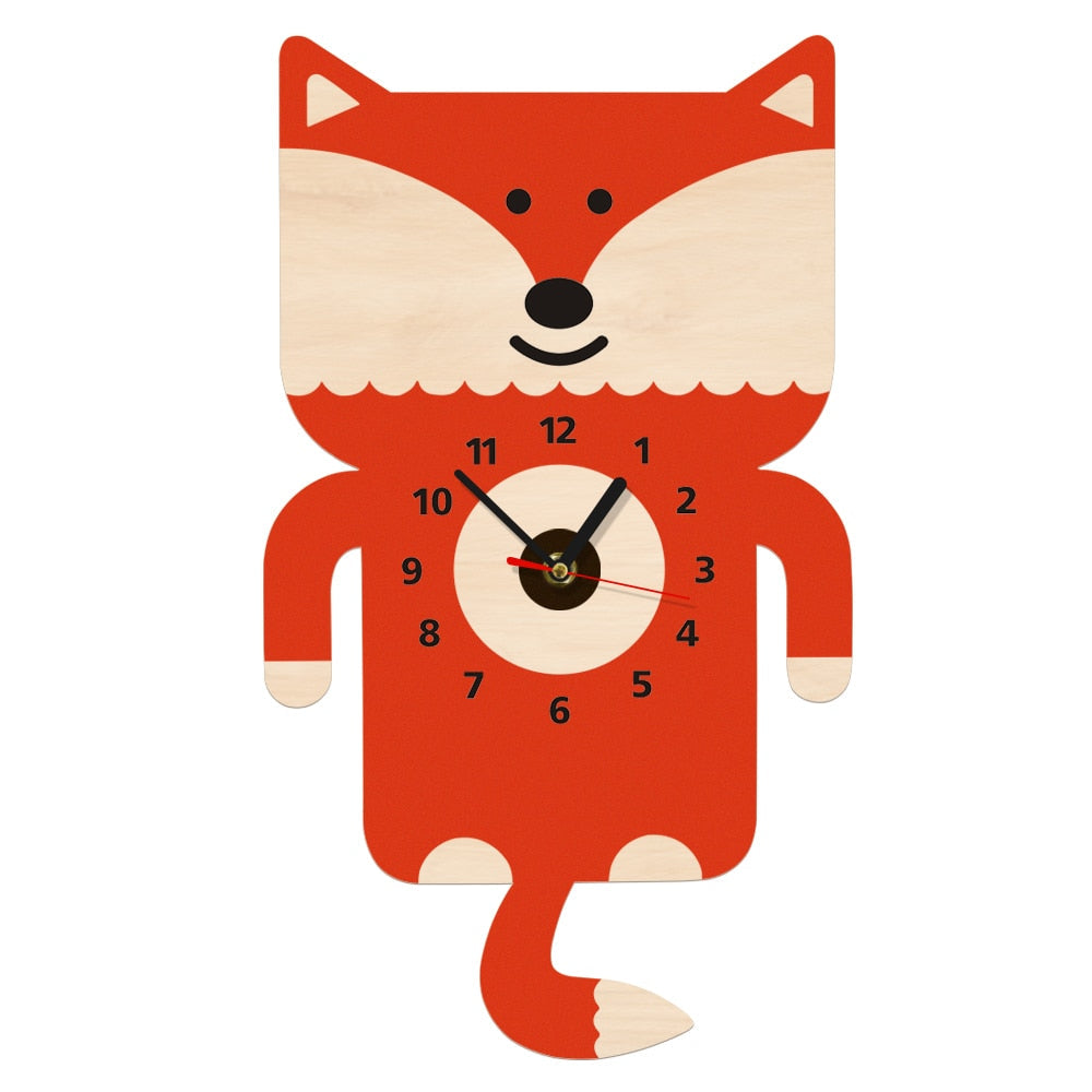 Adorable Fox Wooden Wall Clock With Tail Pendulum Woodland Animal Nursery Modern Fox Loveer Gift