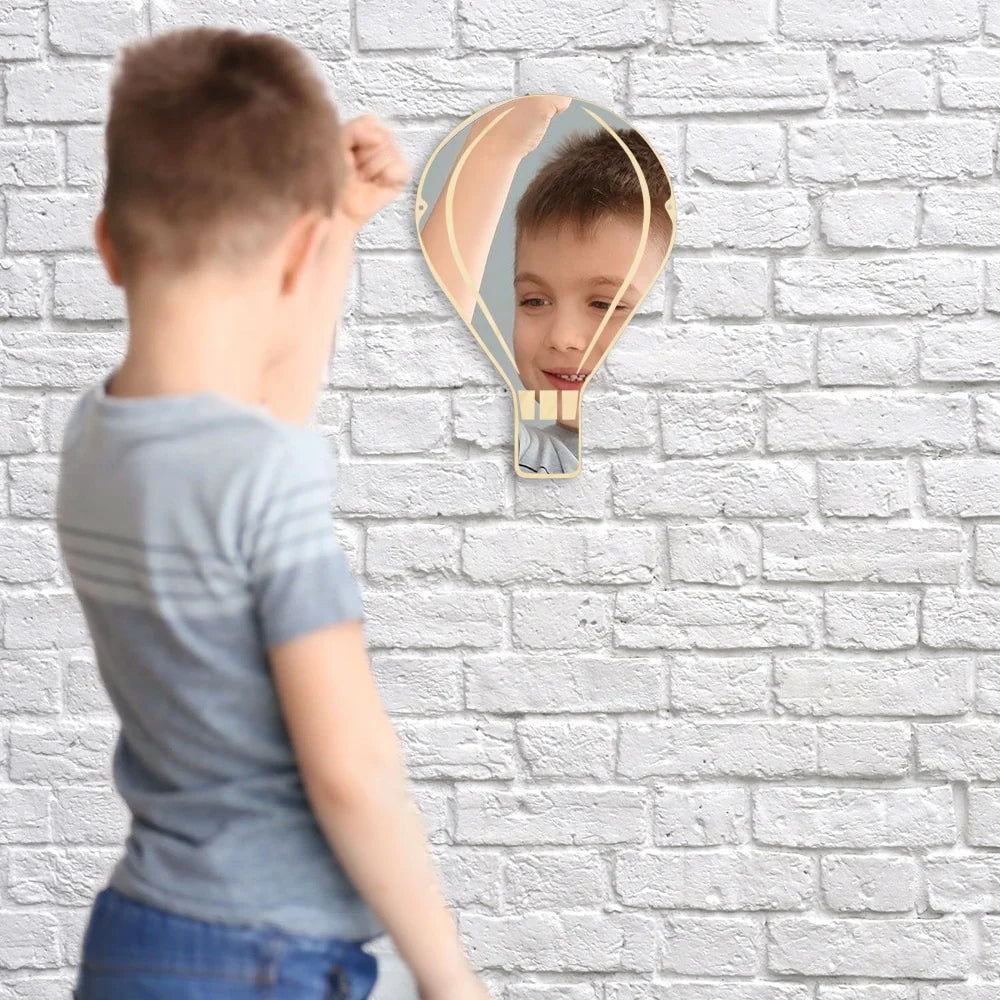 Hot Air Balloon Arylic Wall Mirror With Wooden Back Kids Bedroom Hot Air Balloon Decoration Hanging Safety Mirror