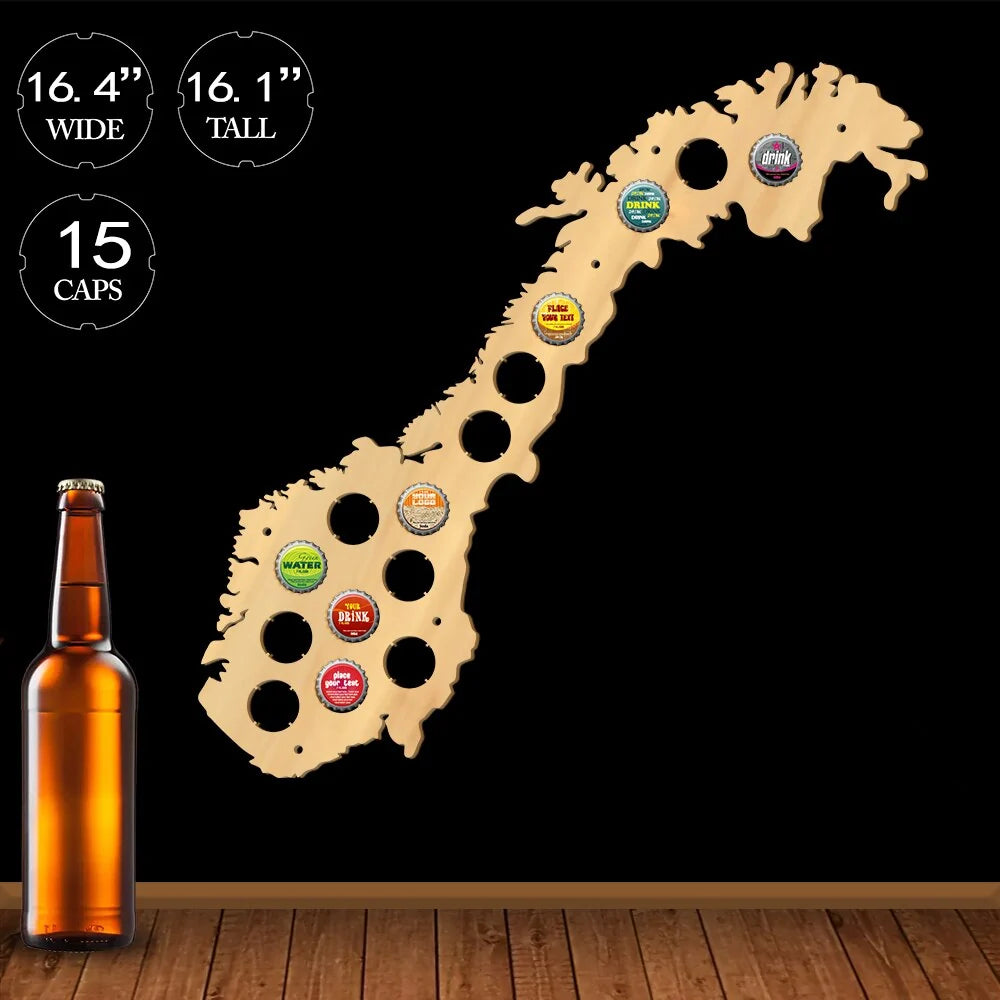 The Kingdom of Norway Cap Map Wooden Wall Sign Bottle Cap Display Holder For Pub Bar