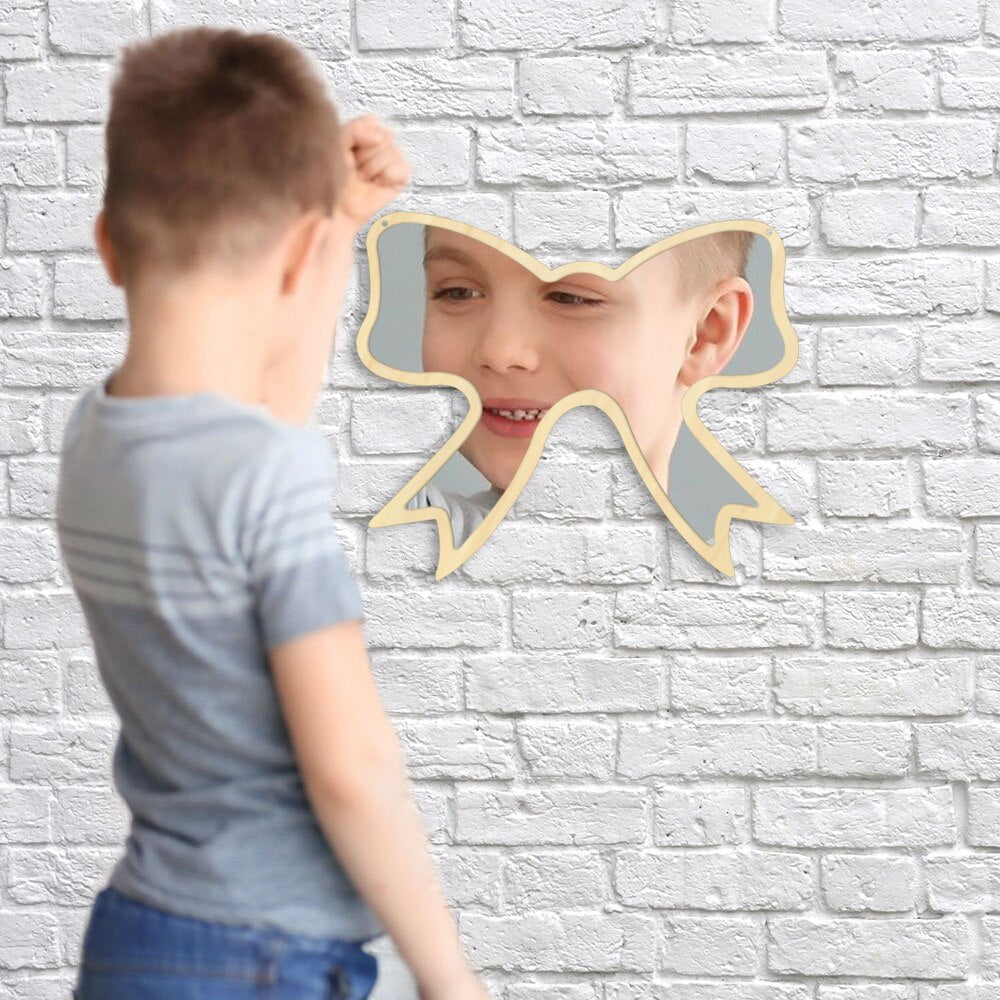 Butterfly Tie Wall Mirror With Wooden Back Nursery Hanging Wall Mirror For Living Room Unique For Kids
