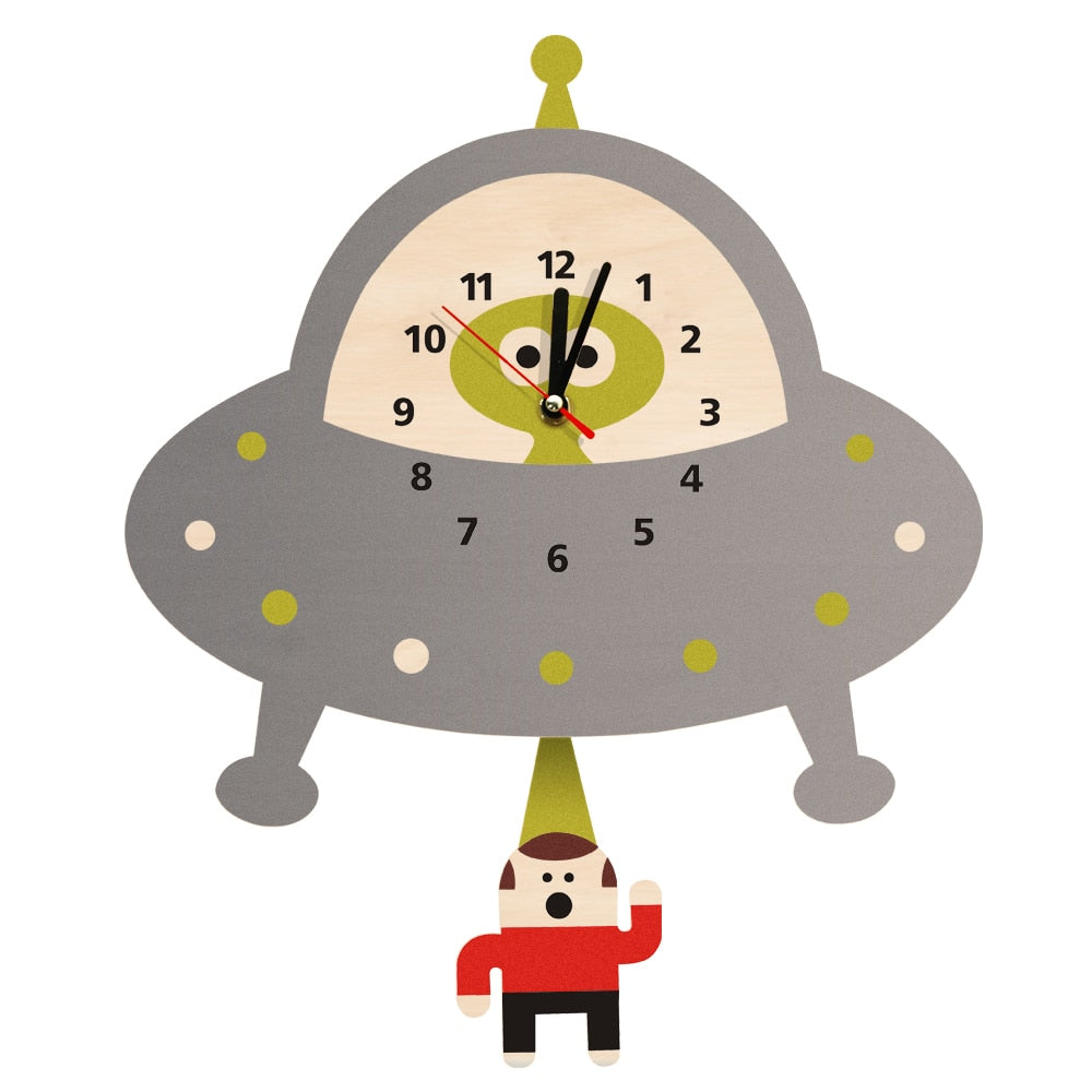Alien Abduction Wall Clock Flying Saucer Outer Space UFO Abducting Pendulum Wooden Wall Clock Kid Room Decoration Geek Gift