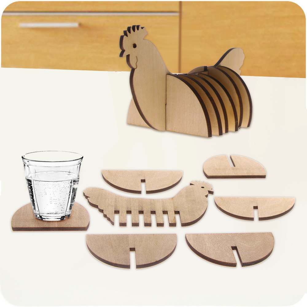 7Pieces/Set Cock Wooden Coaster Creative Animal Theme DIY Pin Table Mat Coffee Tea Mug Wood Coaster Table Decor