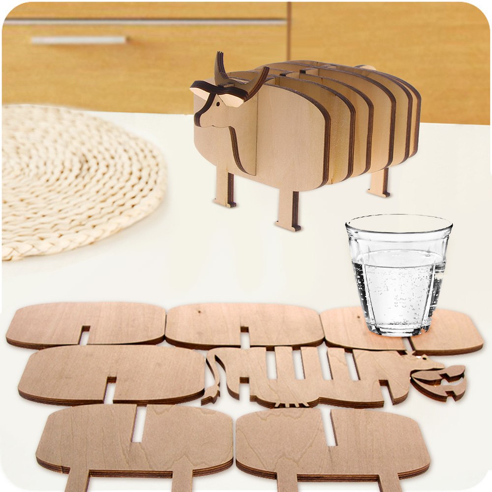 7Pieces/Set Cow Model DIY Pin Wooden Coast Creative Coffee Tea Cup Mat Animal Theme Art Decoration Unique Gift Idea For Friends