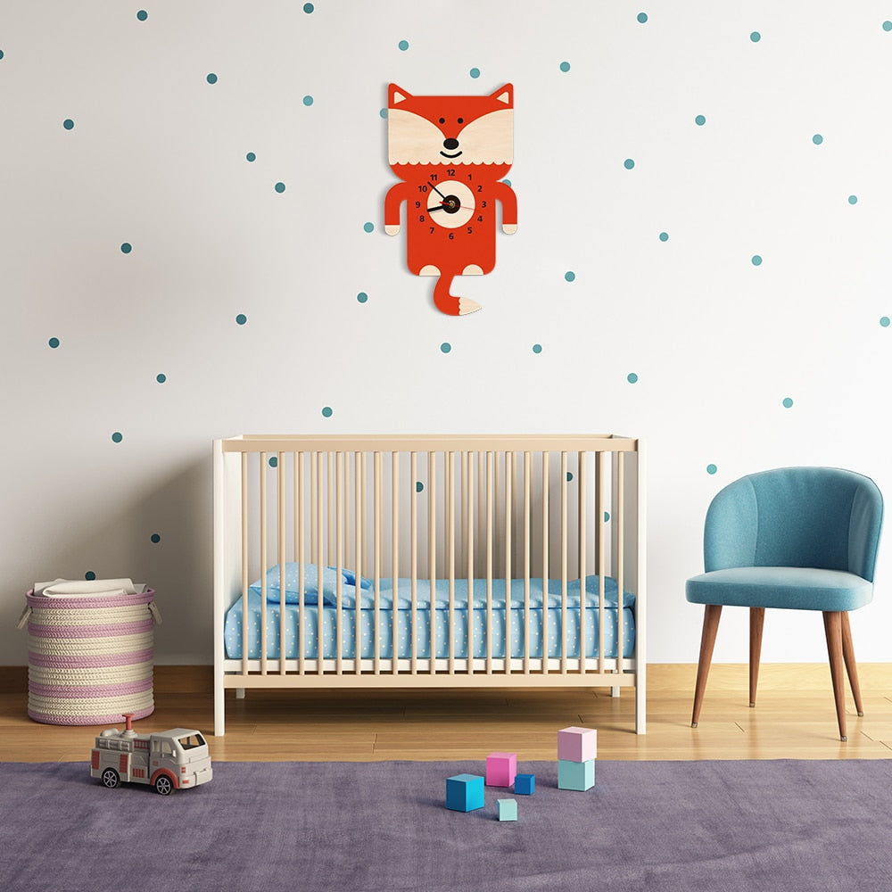 Adorable Fox Wooden Wall Clock With Tail Pendulum Woodland Animal Nursery Modern Fox Loveer Gift