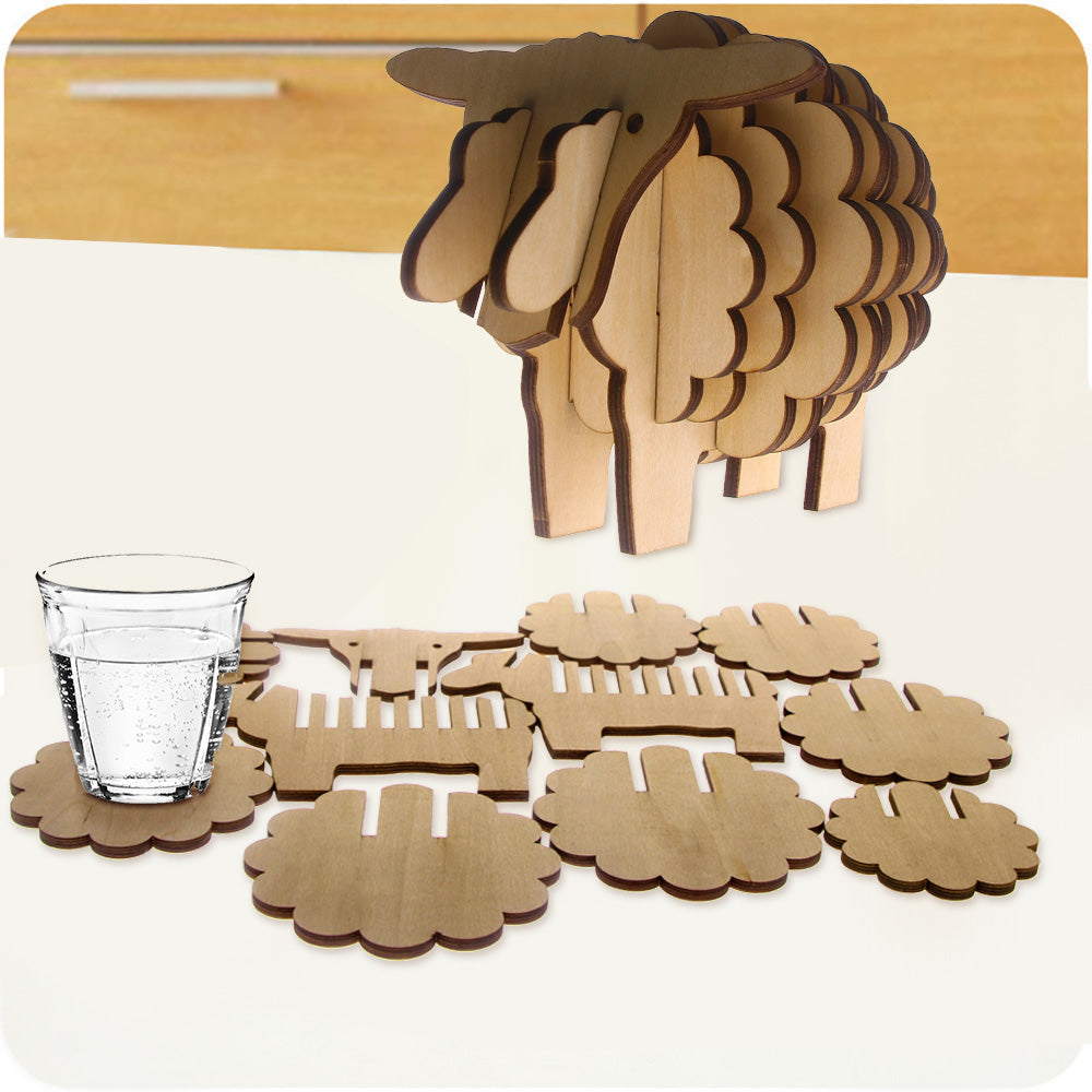 7Pieces/Set Handmade Wood Animal Shape Antislip Table Mat Sheep Shape Pine Coasters DIY Place Mat Coffee Cup Pad Unique Gifts