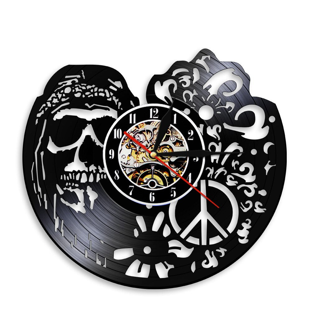 American Hipper Skull With Followers Wall Art Wall Clock Gothic Skull Vinyl Record Wall Clock Halloween Living Room