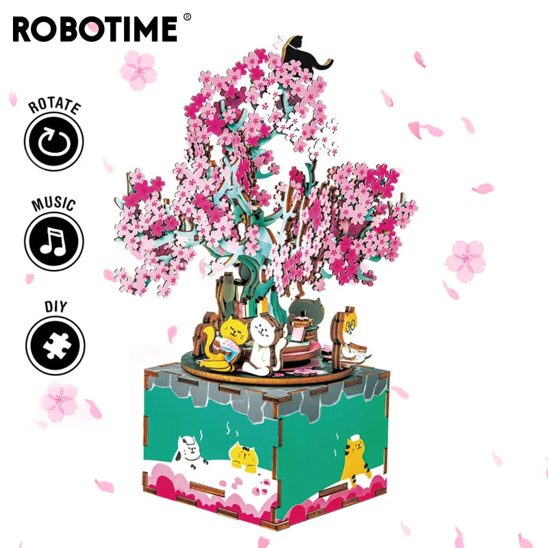 148pcs Rotatable DIY 3D Cherry Tree Cat Wooden Puzzle Game Assembly Music Box Toy Gift for Children Kids Adult AM409