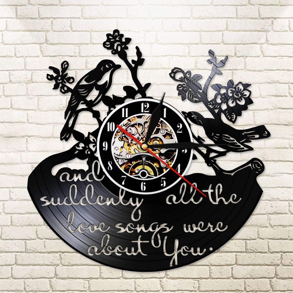And Suddenly All The Love Songs Were All About You Inspirational Quote Vinyl Record Wall Clock Valentine Birds Retro
